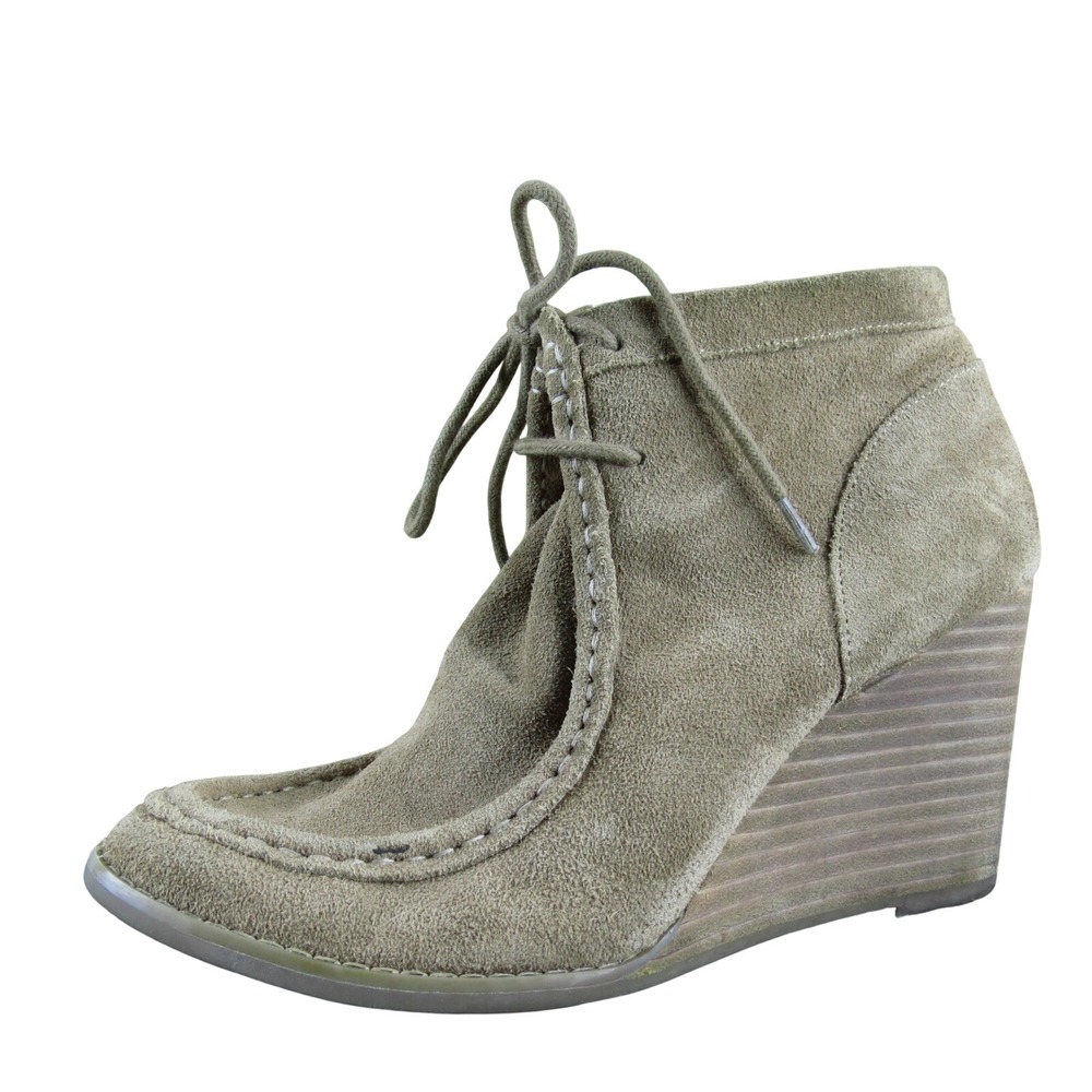 Lucky Brand Tan Suede Wedge Ankle Booties Women 8 Lace Up Casual Comfort Shoes